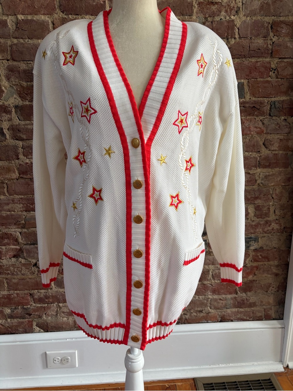 VINTAGE Escada White Cardigan Sweater with Red Trim and Star Embroidery